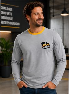 Camiseta Careca Manga Longa- Cor: Cinza Claro Com Det. Amarelo na Gola - Estampa Silk Screen